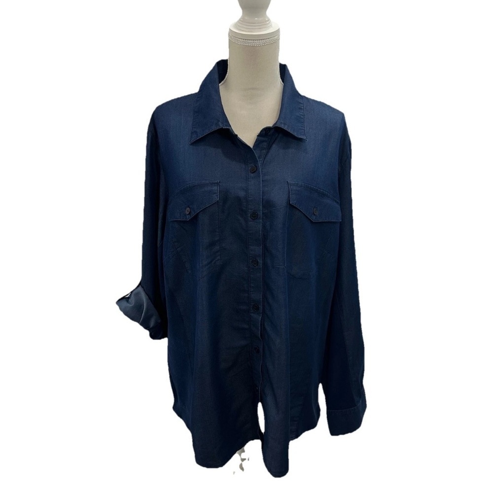 Ashley Stewart Women Blue Chambray Button Up Shirt Roll Tab Sleeve Plus Size 20